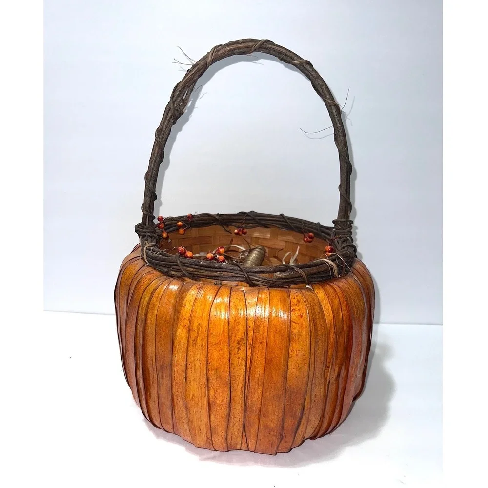 Rustic Woven Wood Pumpkin Basket Fall Harvest Decor with Grapevine Handle 14.5in
